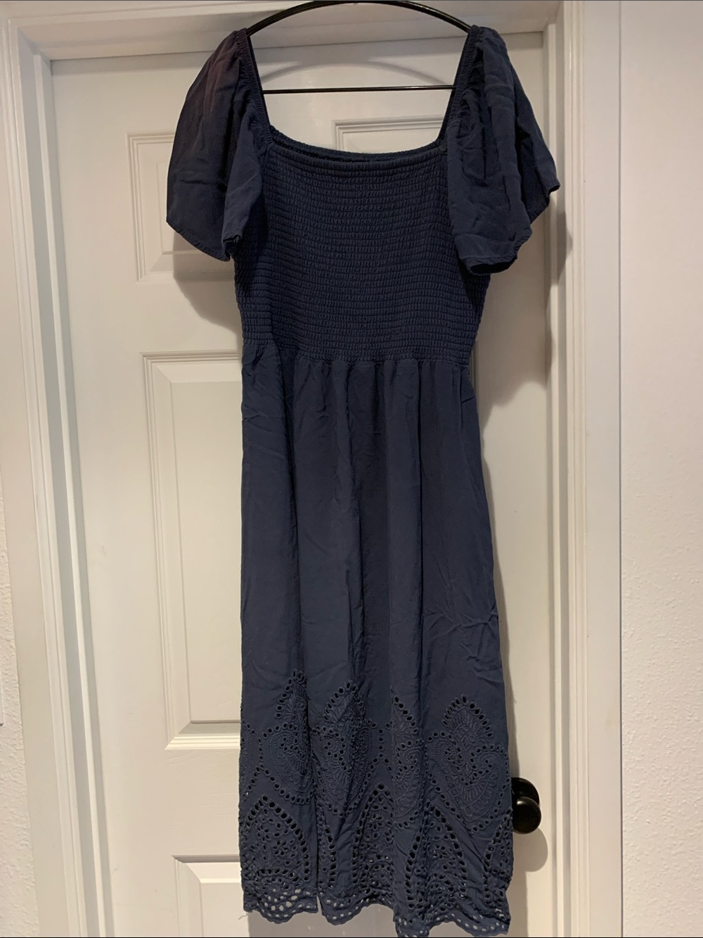 Maurices Navy Smocked Midi Dress with Puff Sleeves and Eyelet Hem